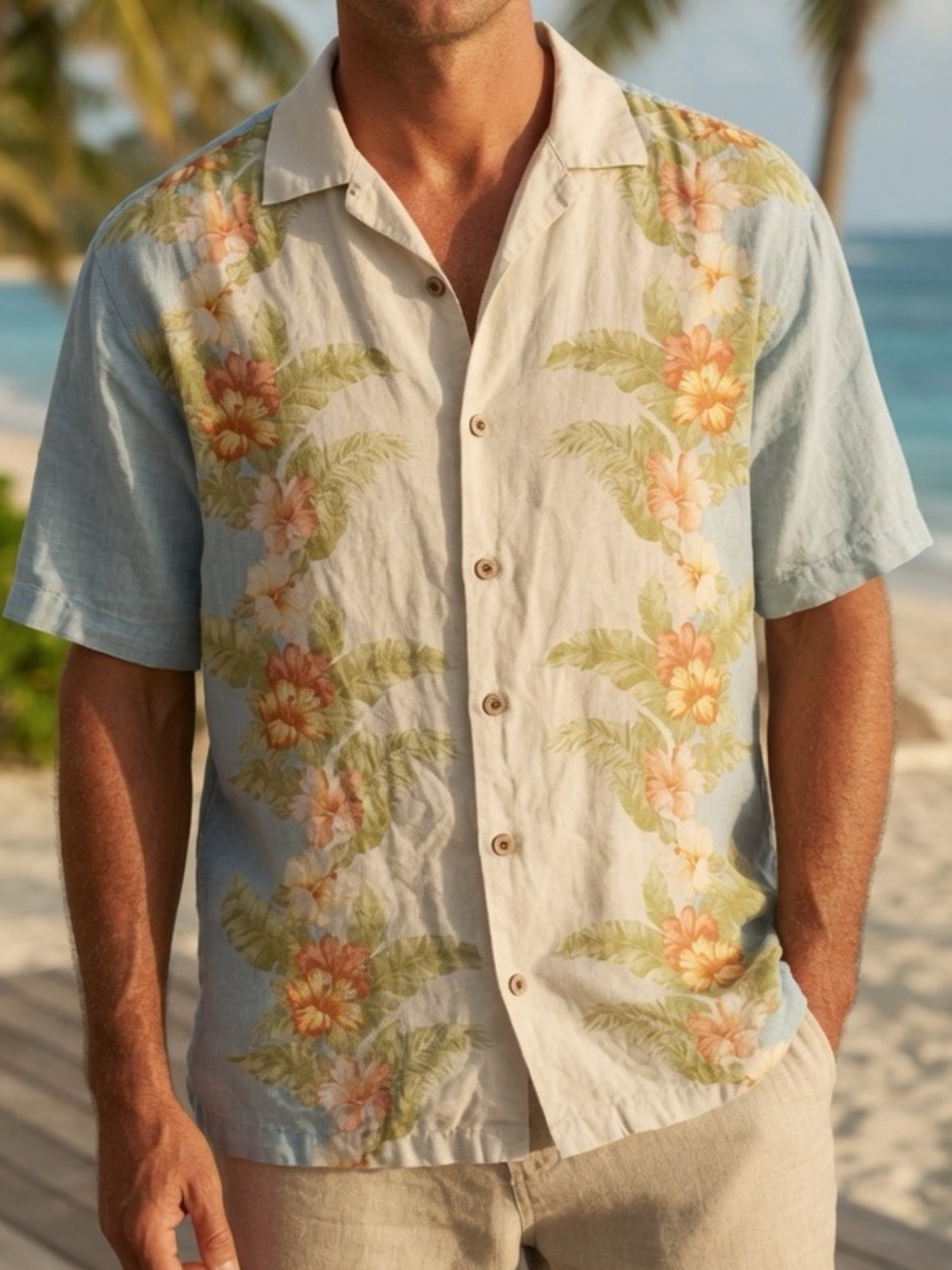 Tommy Bahama Men's Light Blue & Cream Floral Hawaiian Shirt Linen Silk Large